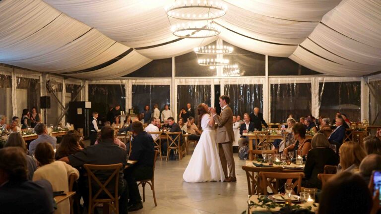 Bride and groom first dance at wedding reception.