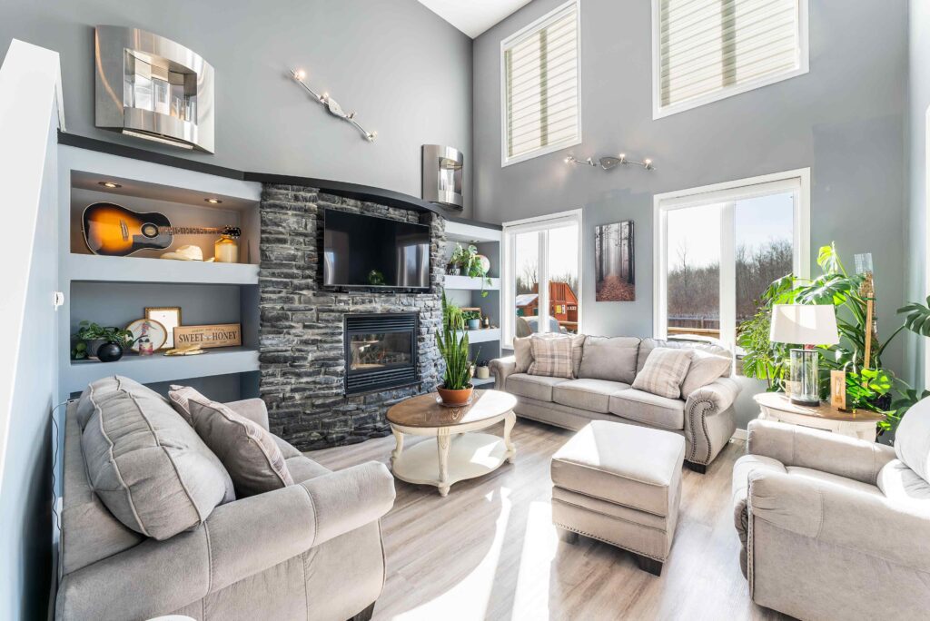 Living room with vaulted ceiling and Bright open-concept