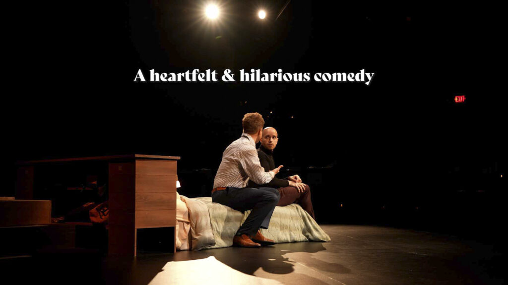 Theatre actors performing a heartfelt comedy scene on stage under spotlight