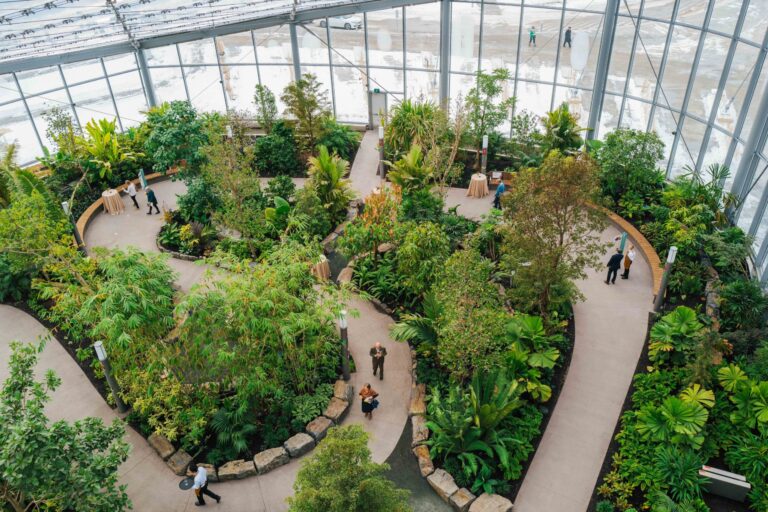 Indoor tropical garden at The Leaf with glass walls and walking paths